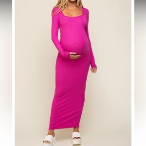 Pinkblush Fuchsia Ribbed Long Sleeve Square Neck Maternity Maxi Dress